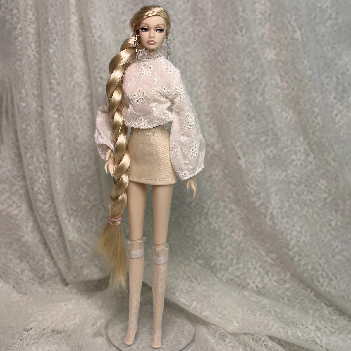 Sweet Fashion White Shirt+Half Skirt+Lace Knee-high Socks Set For 1/6 Babi Xianxian Supermodel Doll Daily Life Dress Up Clothes