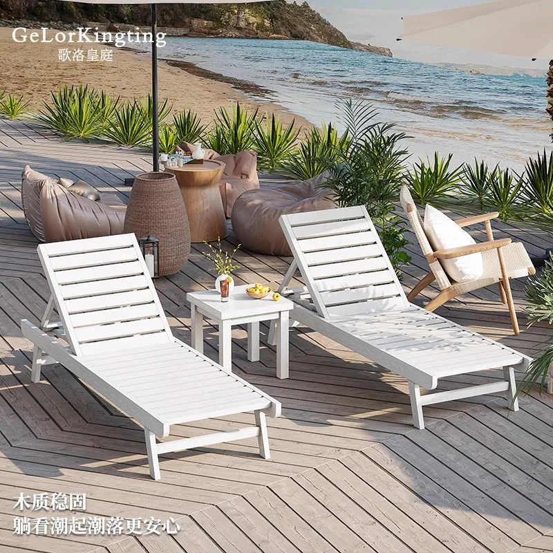 Outdoor Solid Wood Lounger Waterproof Sunscreen Hotel B & B Villa Beach Balcony Lounging Outdoor Courtyard Leisure Pool