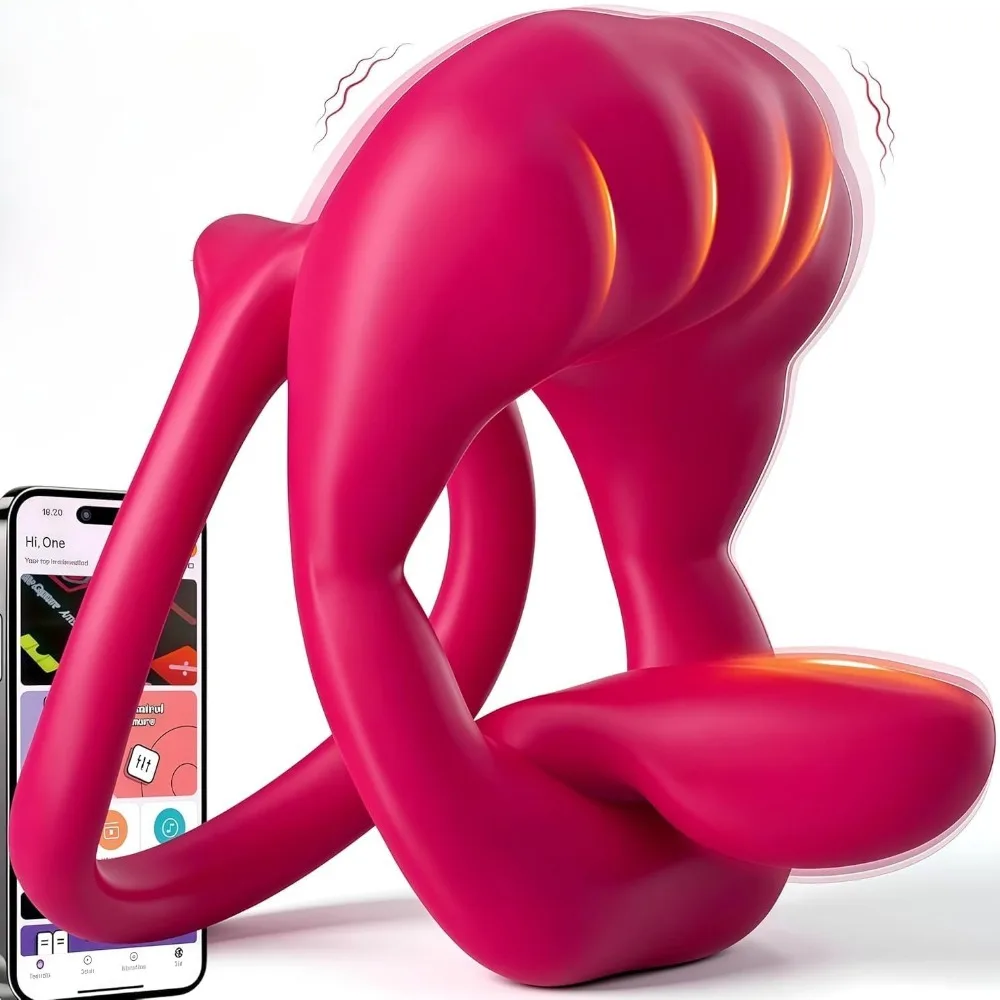 Vibrating Cock Ring Flexible Tongue Vibrator Dual Penis Ring with Mouth-Shape Clitoral Stimulator App Control Couples Sex Toys