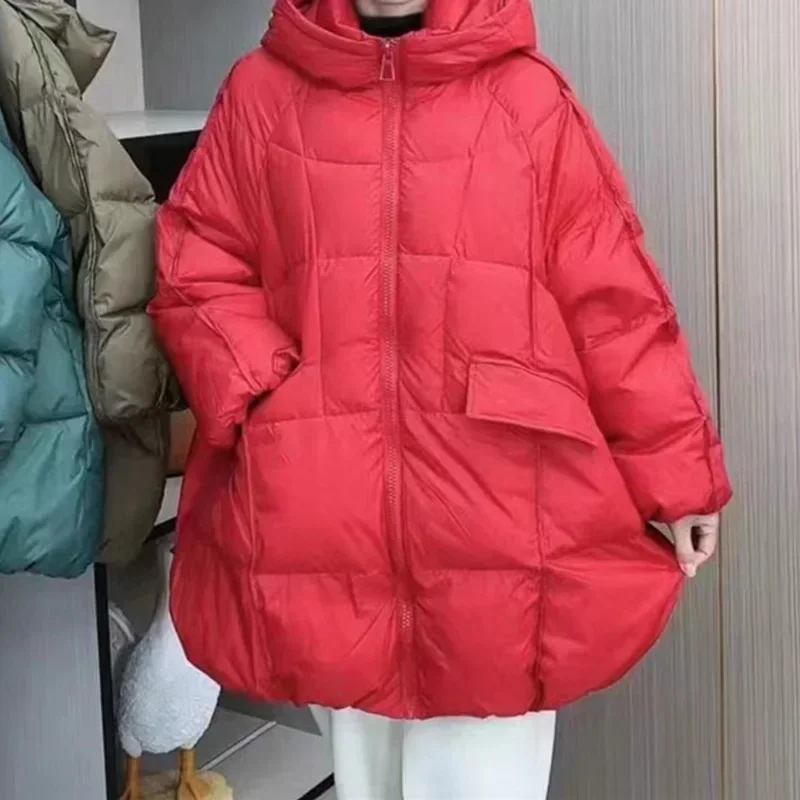

2026 New Winter Women White Duck Down Jacket Hooded Warm Oversize Puffer Coat Female Casual Loose Parkas Pocket Outwear