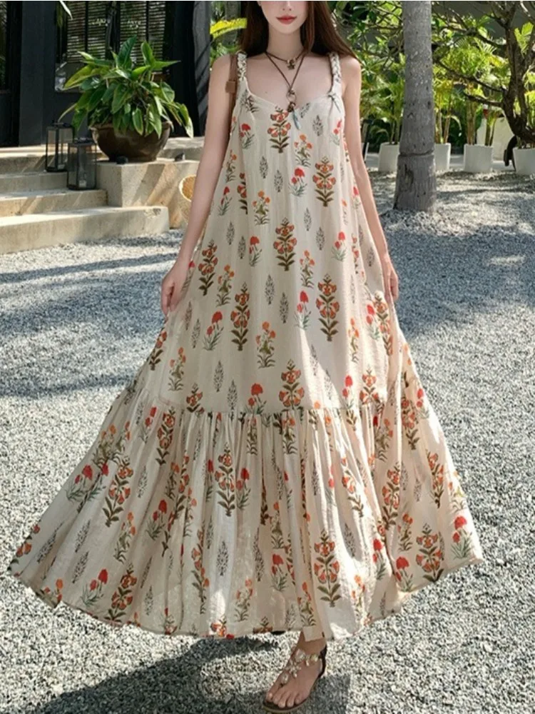 

Casual Vintage Long Floral Dress Women Sexy Backless Korean Style Beach Party Dress Female 2025 Summer Fashion Even Strap Dress