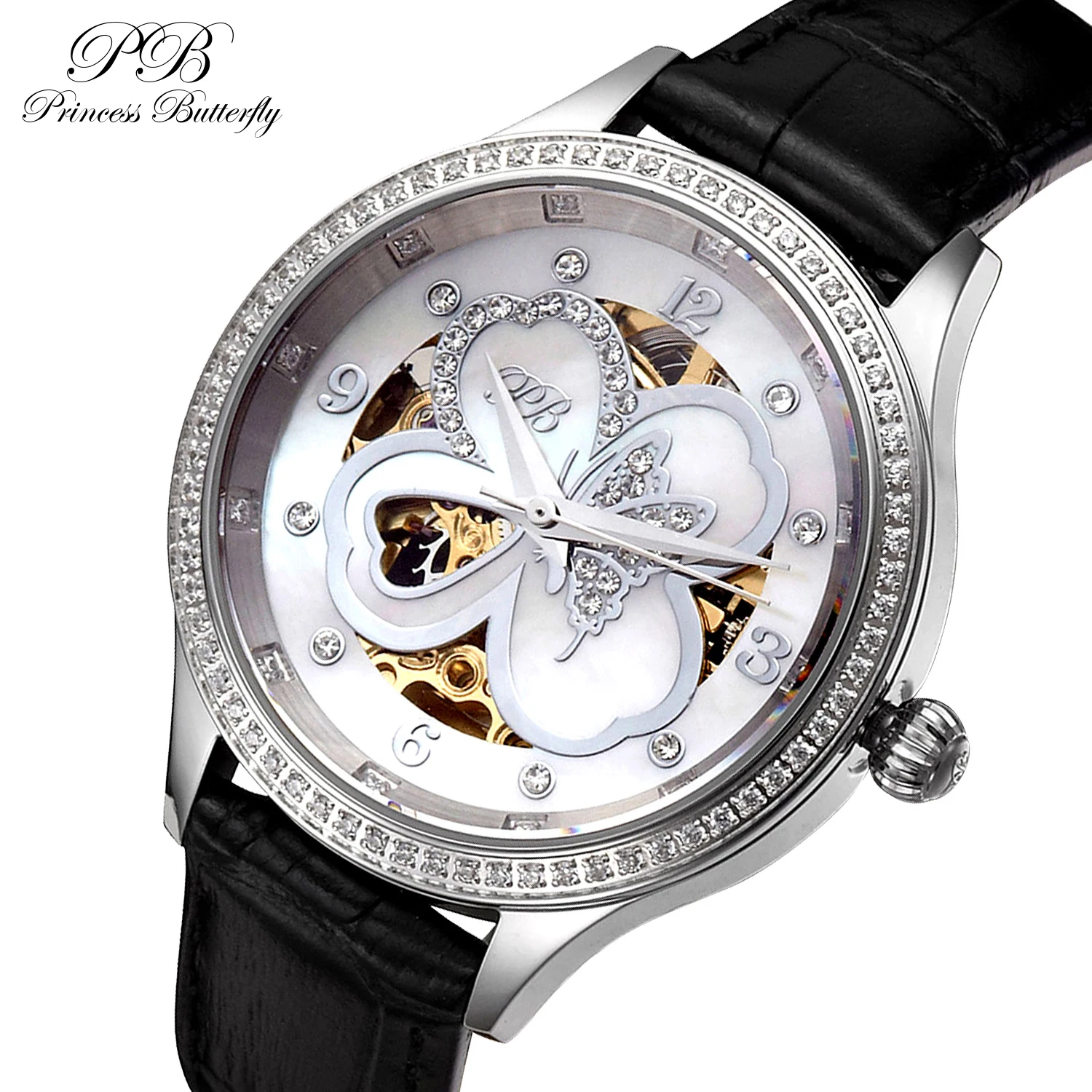 

Принцесса Бабочка роскошные механические часы для женщин автоматический клевер диаметр из маминой ракушки кристалл женские часы кожаный ремешок