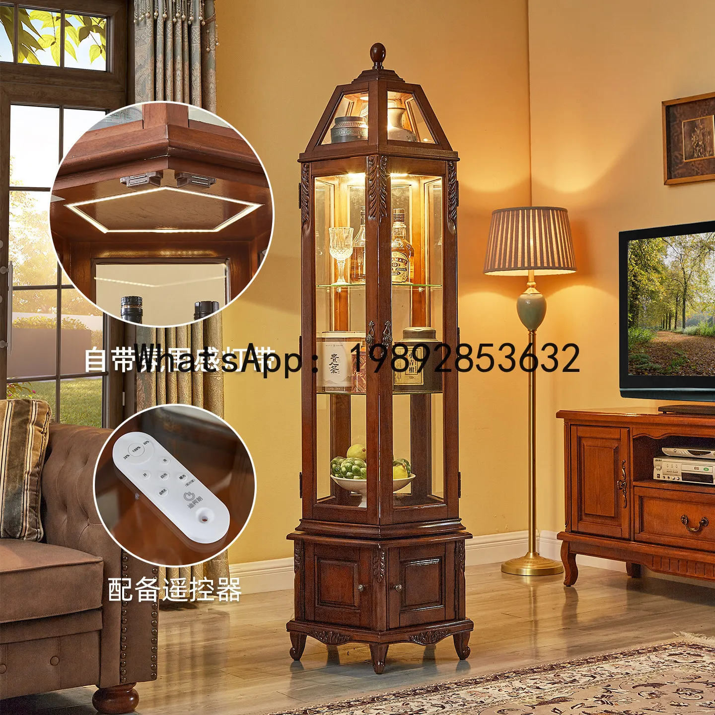 LYY Retro Glass Display Wine Cabinet All Solid Wood Rotating Lego Figure Model Storage Cabinet