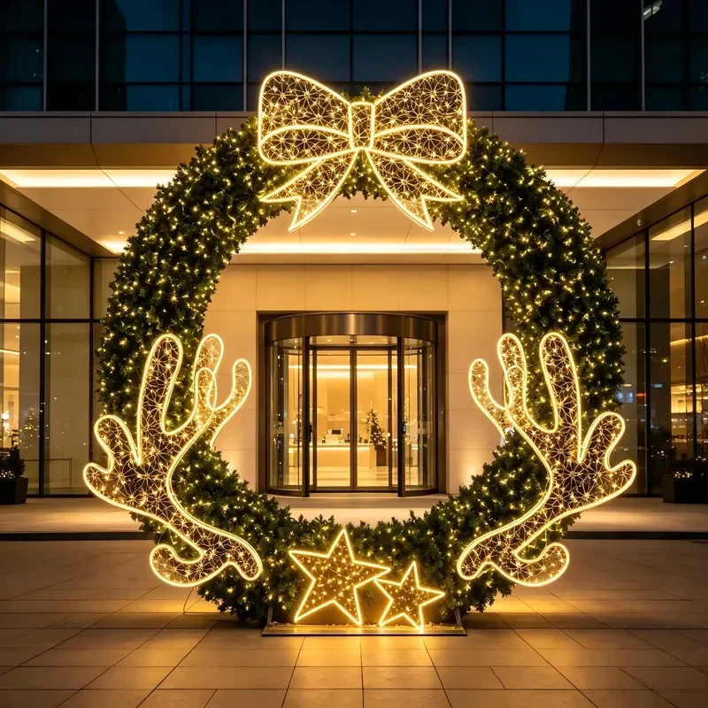 Giant LED Christmas Wreath Arched Light IP65 Waterproof 6000K Daylight Bow Antler Star Rope for Commercial Family Holiday