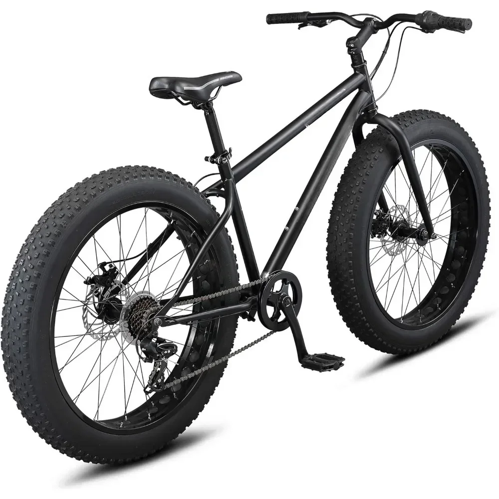 

Bicycle, 26-Inch Bicycle Wheels, 4-Inch Wide Knobby Tires, Steel Frame, 7 Speed Drivetrain, Disc Brakes, Mountain Bike