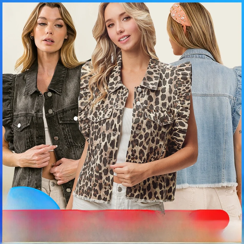 

Stylish Loose Women's Denim Top Vest Leopard Print Flying Sleeve Tank Top Commute Style Cotton Blend Summer Outerwear