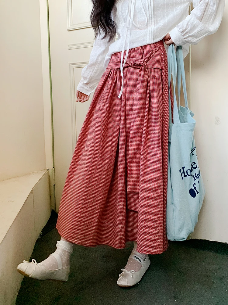 

Потрясающая красная клетчатая юбка А-силуэта с бантом для женщин, с высокой талией, идеально подходит для весенней моды, художественный стиль