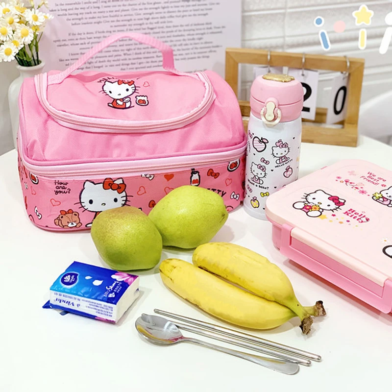 

Anime Sanrio Kuromi Melody Lunch Bag Hello Kitty Cinnamoroll Double Flip Insulation Bag Going Out Portable Lunch Box Bento Bag