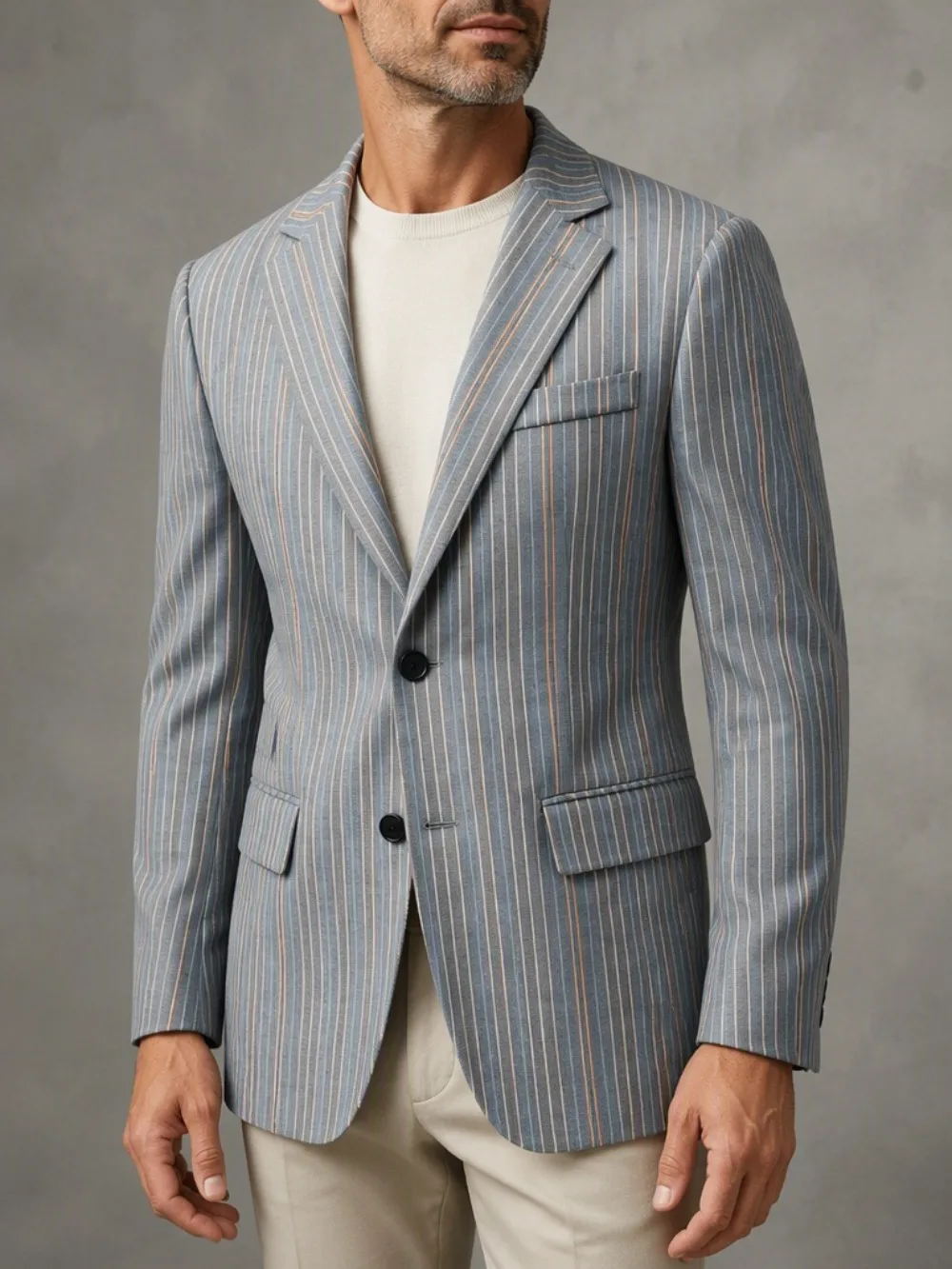 Men's Casual Business Blazer Classic Vertical Stripe Notched Lapel Two‑Button Slim Fit Long Sleeve Suit Jacket For Office Party