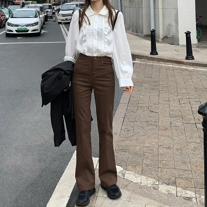 High Waist Stretchy Slimming Denim Jeans Women's Spring Summer  New Style Vintage Chic Brown Micro Flared Pants