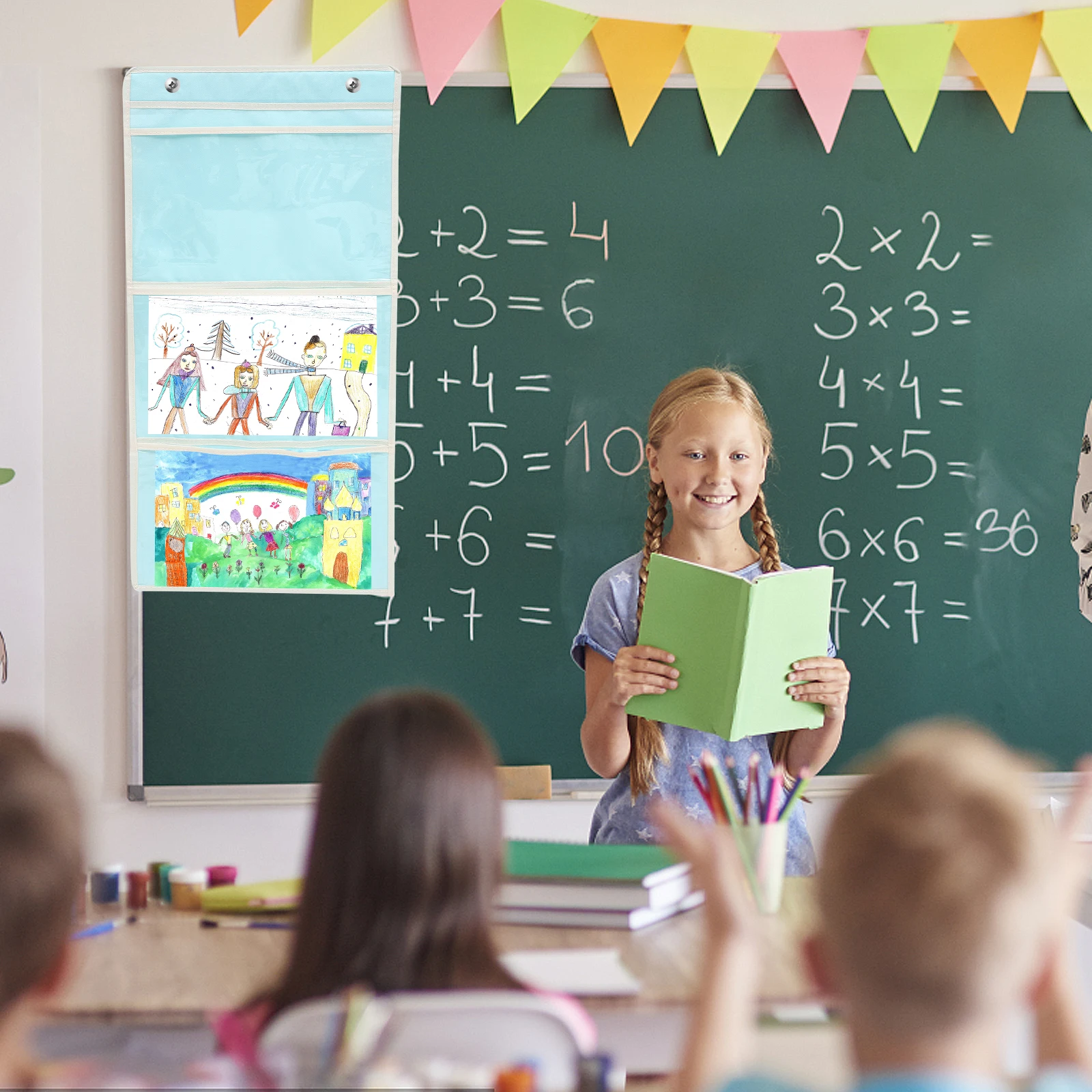 

60 Grids Transparent Hanging Storage Bag for Painting Art Works Kindergarten Display Organizer Wall Mounted Pouch Foldable