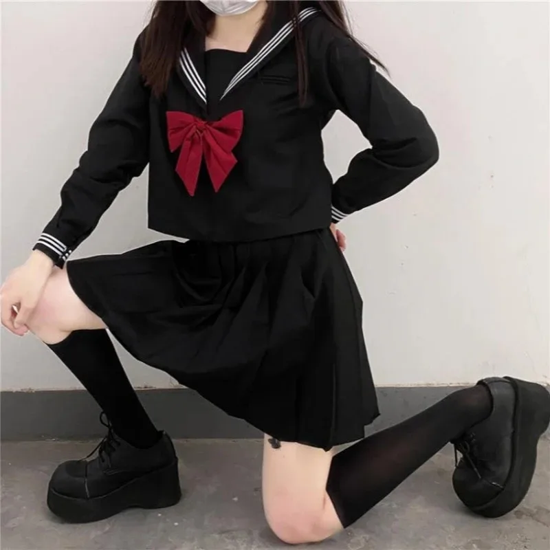 Uniforme de marinero básico para niñas de la escuela japonesa de talla grande Jk con lazo rojo negro tres trajes de manga larga para mujeres v;2,r'6;t.