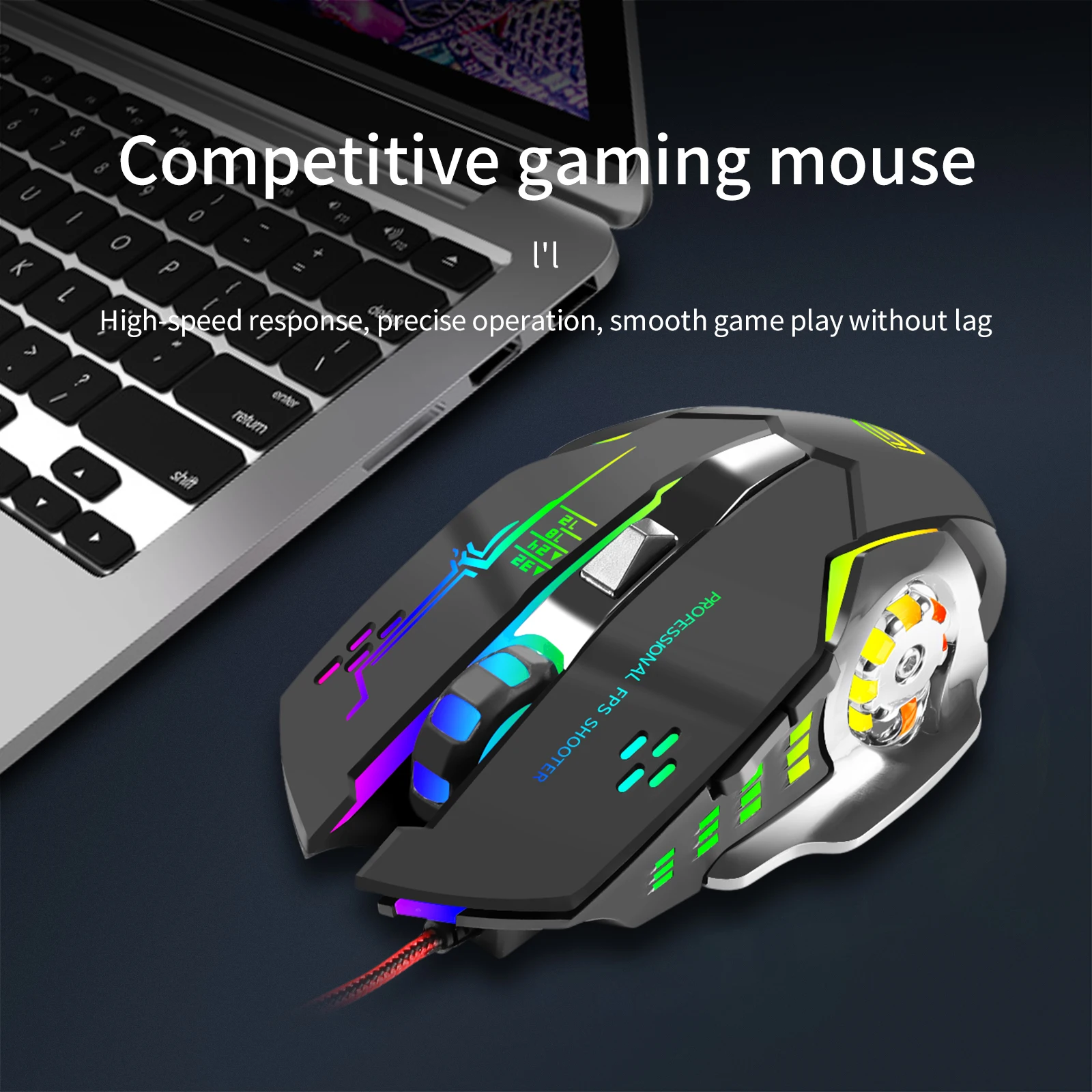 Mouse com fio ergonômico, 6 botões programáveis e 7 cores, retroiluminação rgb, 4 níveis dpi, abs, para laptop e pc