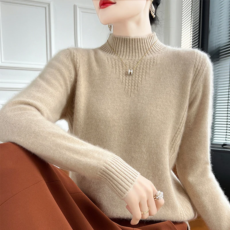 New women's sweaters in autumn and winter 100% merino wool semi-turtleneck pullover fashion luxury solid color padded knitted ca