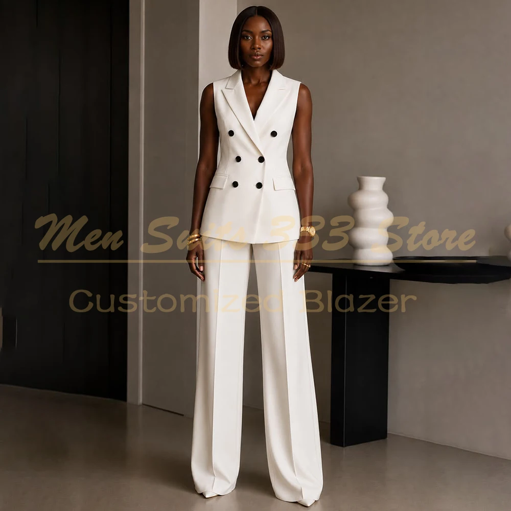 Elegant White Sleeveless Women's Suits Fashion Double Breasted Peak Lapel Waistcoat Customized 2 Piece Jacket Pants Sets