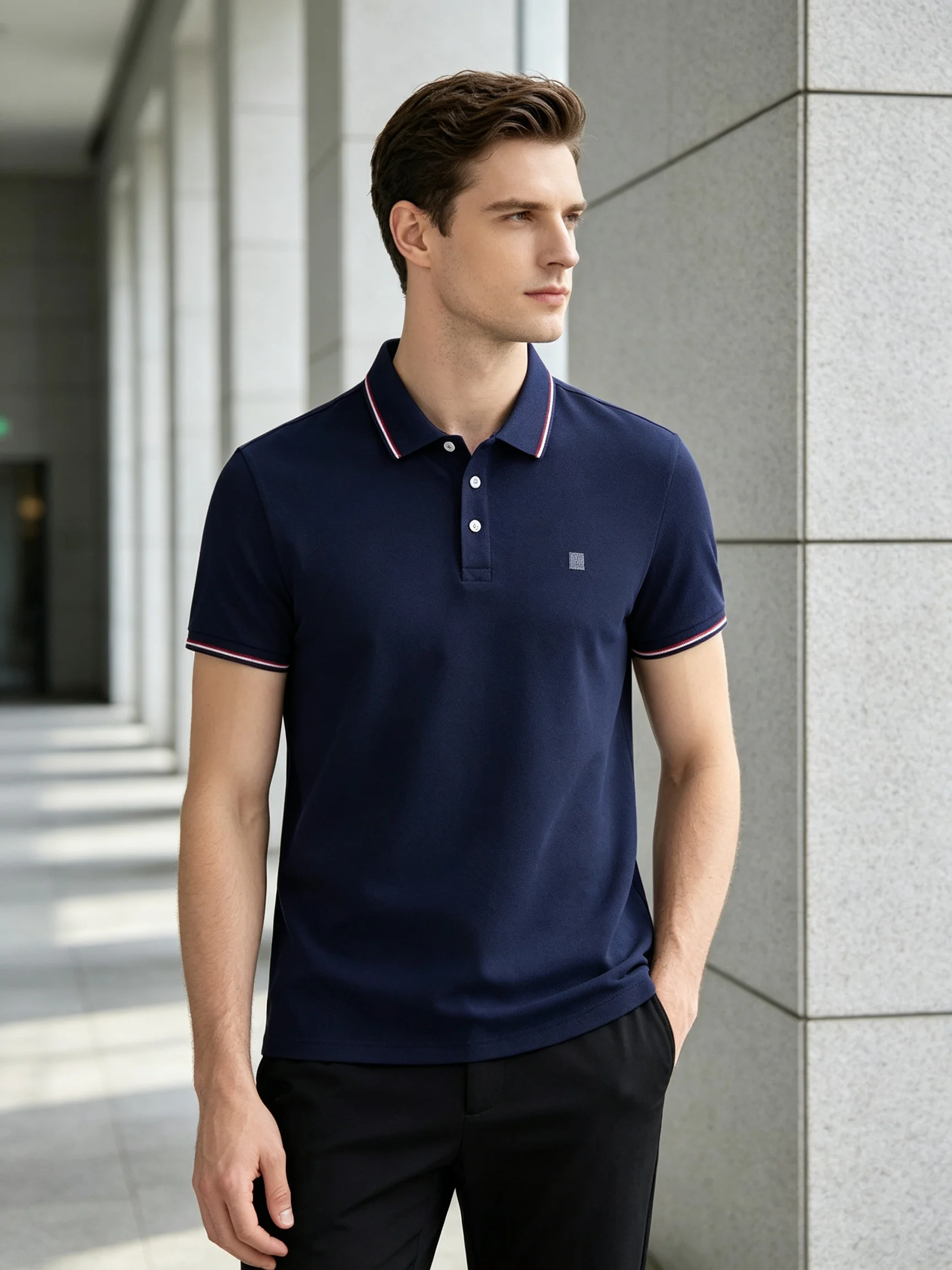 Soft Lyocell striped cuff polo shirt