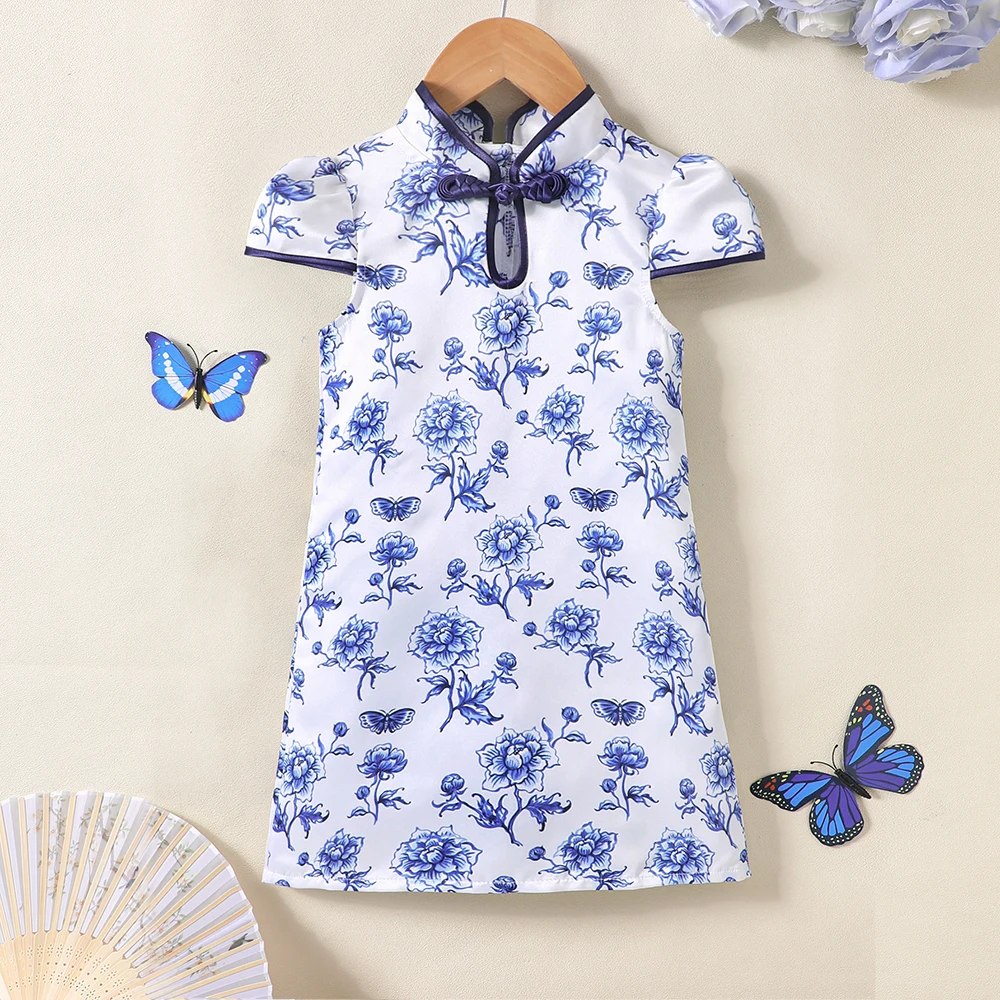 Summer style Chinese style blue and white porcelain printed cheongsam dress for girls