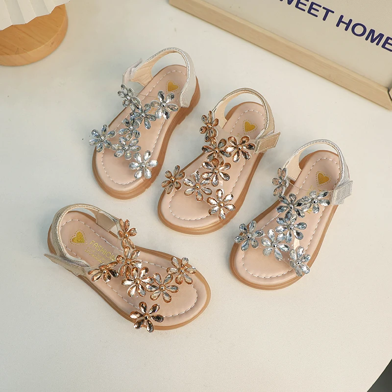 2024 Summer Girls Sandals Flower Crystal Princess Shoes Kids Fashion Rhinestone Beach Children Anti-slip Ankle Strap Shoe