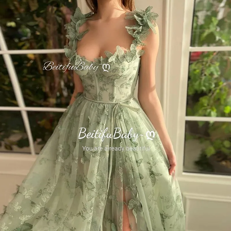 BeitifuBaby Vacation Party Evening Dresses for Women Elegant Sleeveless Butterfly Appliques High Slit Banquet Gown Bridal Dress