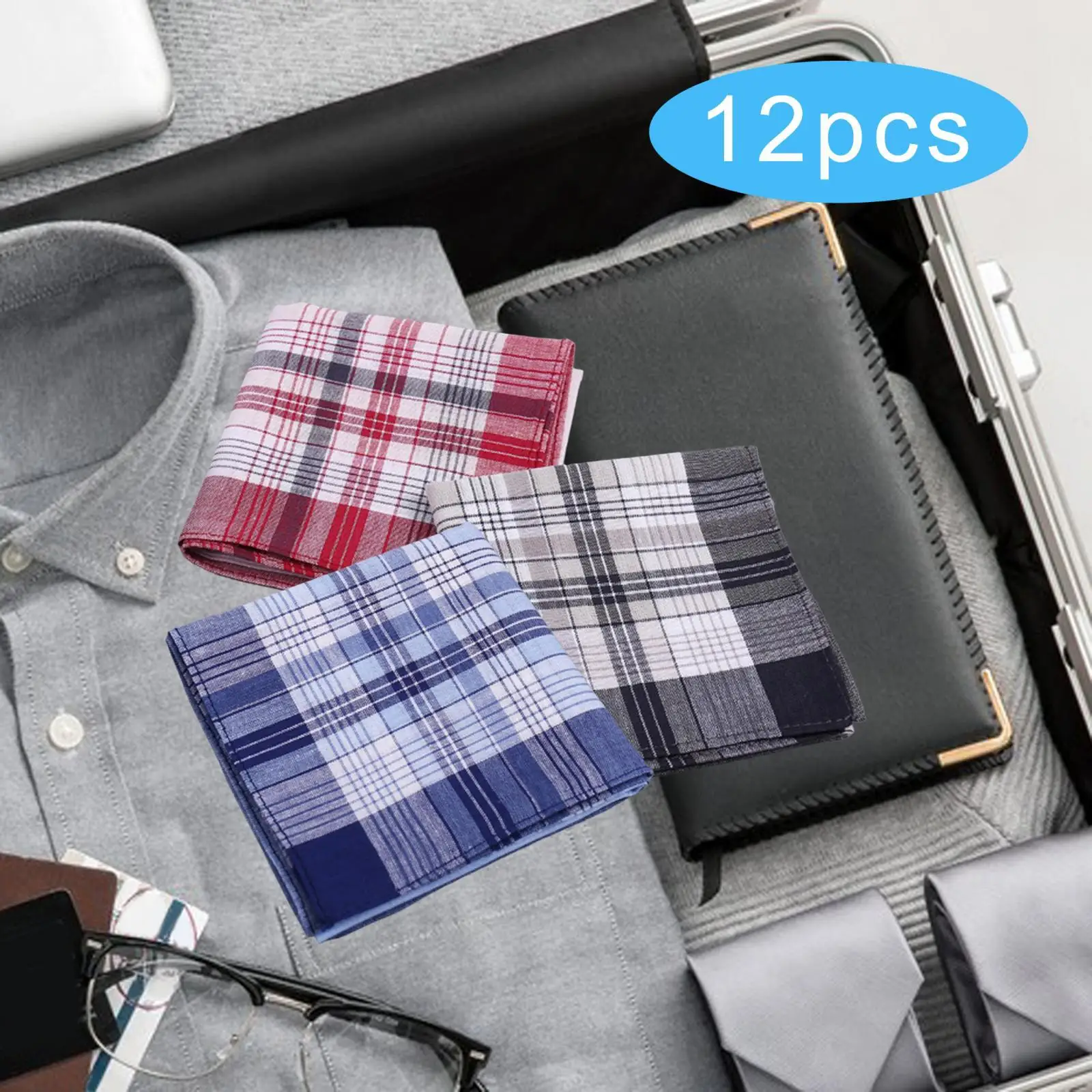 12x Cotton Men's Handkerchiefs Assorted Gifts 40cm Hanky Pocket Square Hankies for Prom Celebration Grandfathers Casual Formal