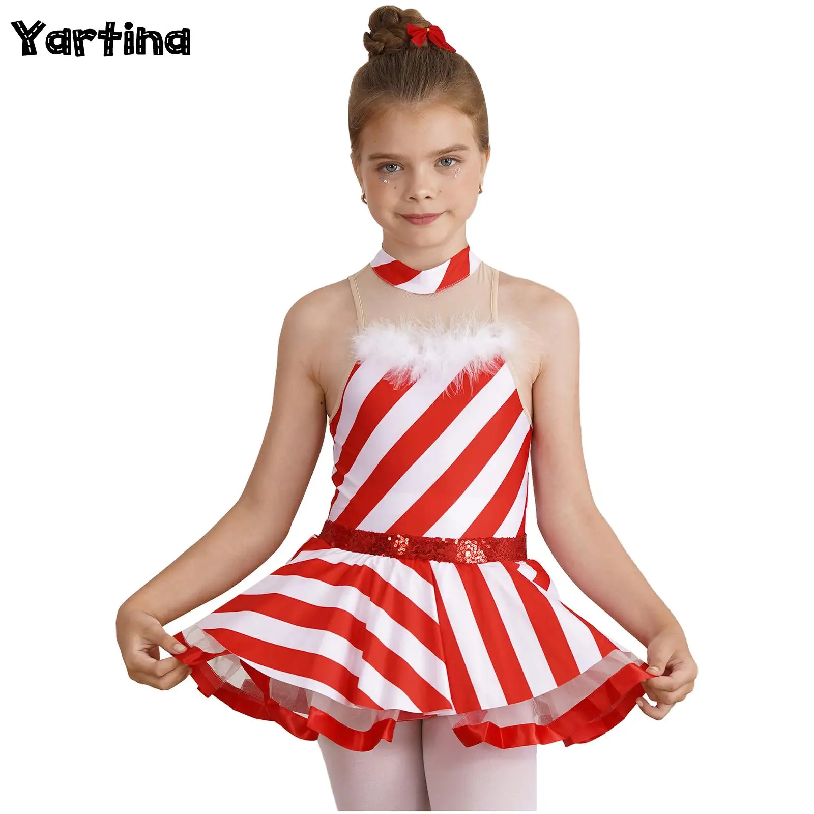 Kids Girls Santa Claus Xmas Christmas Costume Sleeveless Keyhole Back Mesh Stripes Print Dress New Year Party Cosplay Outfits