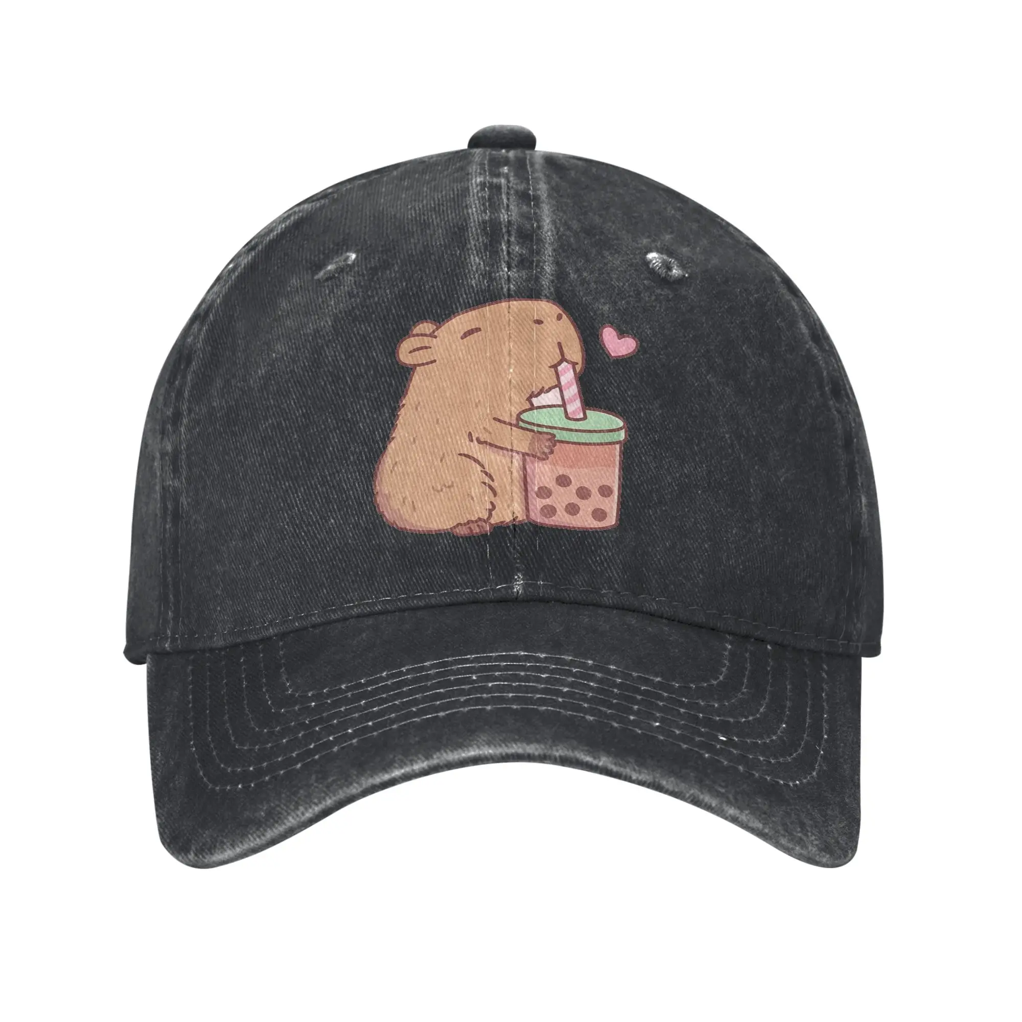 Vintage Cute Capybara Loves Bubble Tea Baseball Cap for Men Women Distressed Denim Sun Cap Cartoon Animals Outdoor Gift Hats Cap