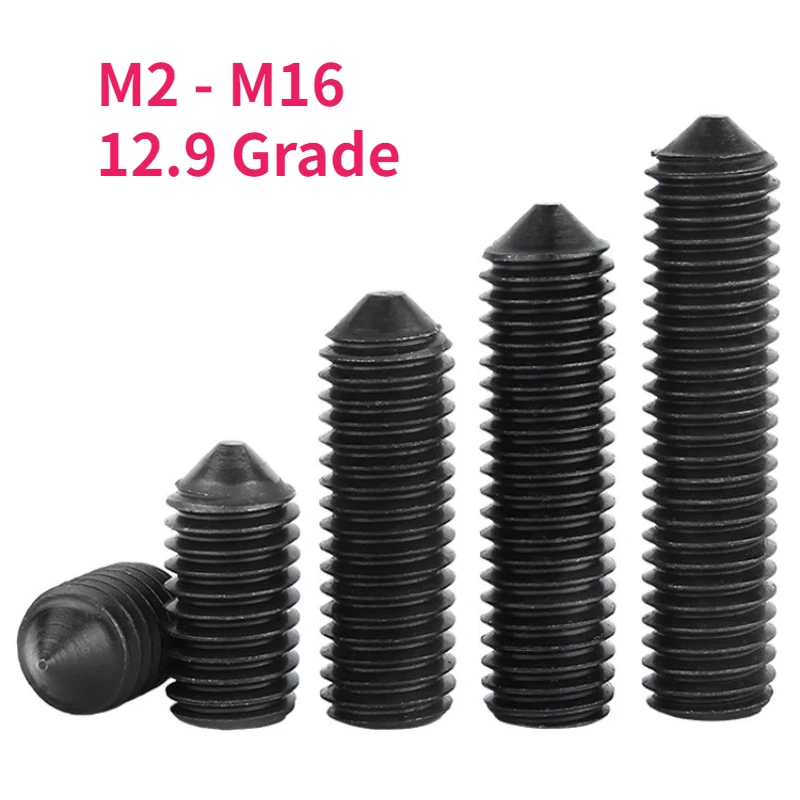 M2 M2.5 M3 M4 M5 M6 M8 M10 M12 M14 M16 Black 12.9 Grade Carbon Steel Hex Hexagon Socket Set Screw Cone Point Grub Screw