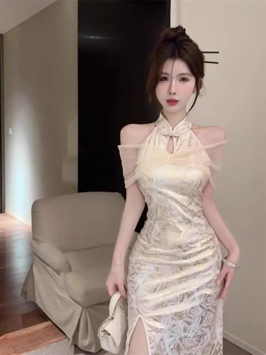 

Новое китайское платье Ципао, облегающее платье с открытыми плечами, уникальный дизайн, женское винтажное китайское платье миди с разрезом Cheongsam