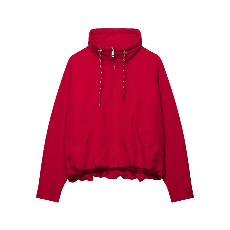 Guobioziy Classic Red Hooded Pilot Jacket Cotton Padded Ruffle Hem Loose Short Casual Coat Minimalist Style