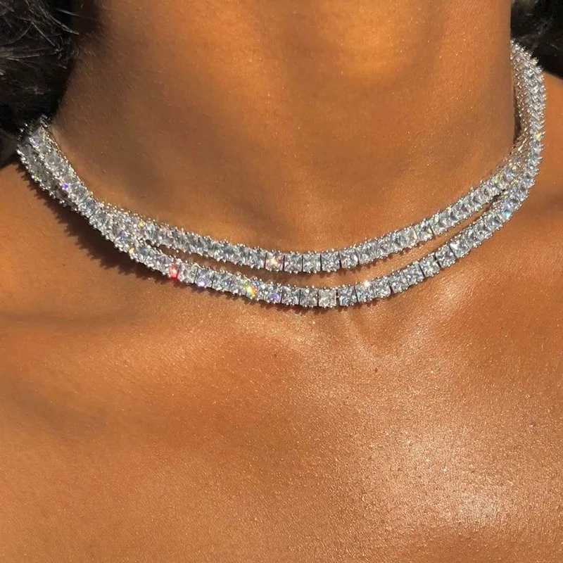 Hip Hop 5A+ CZ Stone Bling Iced Out 5mm Square Tennis Chain Women's Hip Hop Jewelry Silver Color