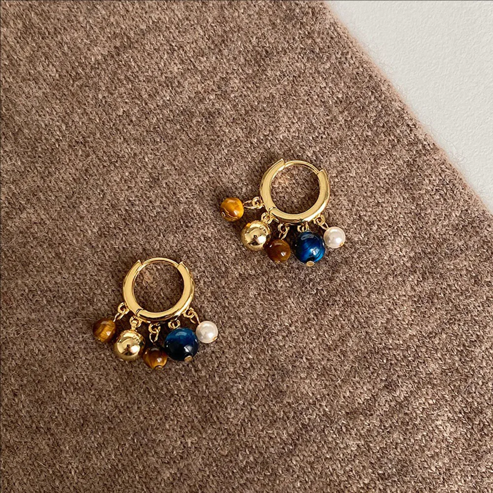 

Real Golden Electroplated Tiger's Eye Stone Pearl Ear Buckles Light Luxury Commuting Niche Earrings For Women