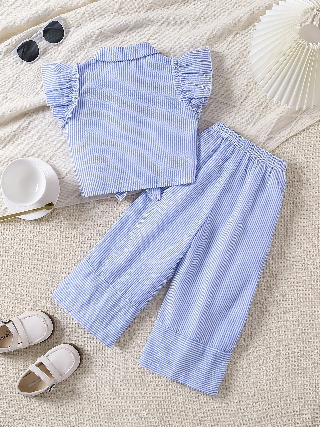 Kids Girls 2-Piece Striped Set, Blue & White Ruffle Sleeve Tie-Front Shirt + Wide Leg Pants Casual Summer Outfit