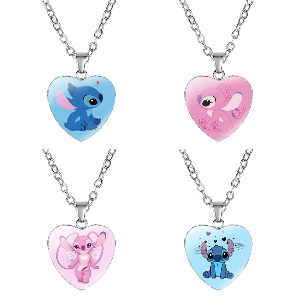 Disney Lilo&Stitch Heart Necklace Anime Stitch Photo Printed Glass Pendant Necklace Kids Time Gem Jewelry Birthday Gifts