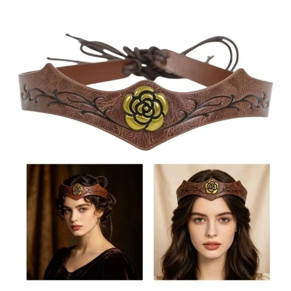 Embossed Design Medieval Headpiece Adjustable Size Faux Leather Material Renaissance Headband Elf Warrior Style
