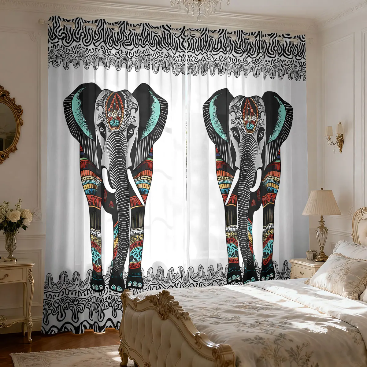 2 pieces of ethnic-style symmetrical elephant-print curtains  bedroom, providing privacy and a stylish decoration home use