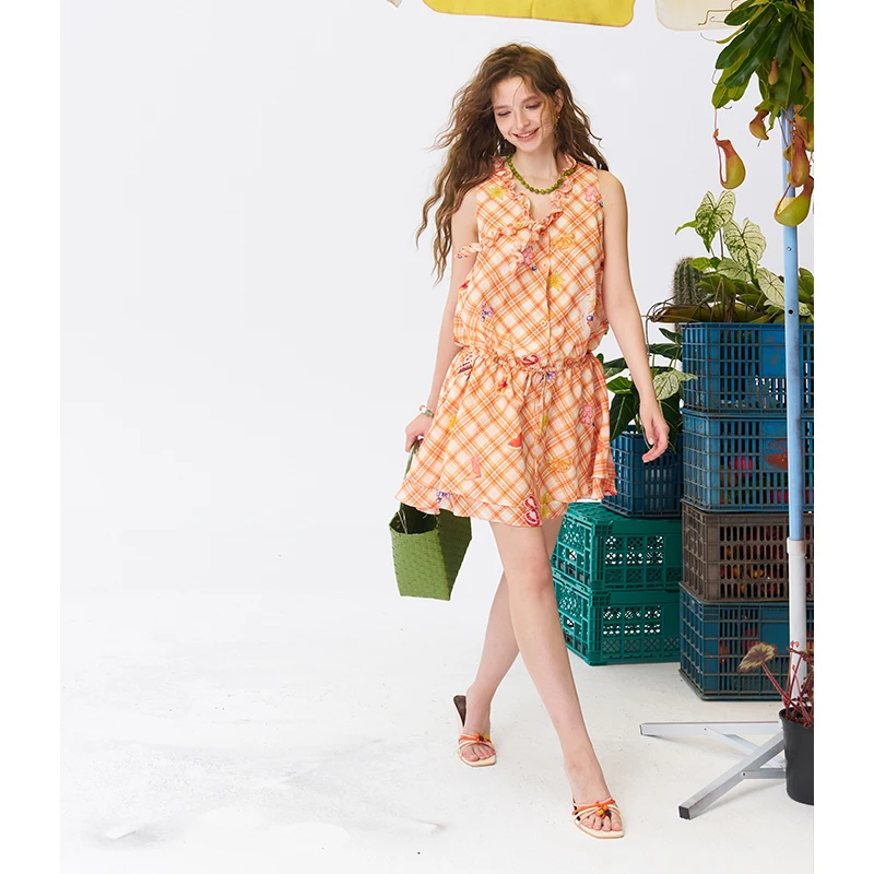 ELFSACK Women's Plaid Sleeveless Mini Dress with Fruit Cake Print, Ruffle Front Drawstring Hem A Line Chiffon Dress for Daily