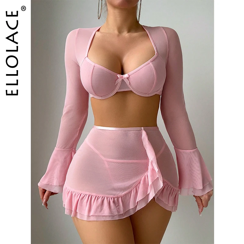 

Ellolace Flare Sleeve Mesh Lingerie Outfits 3-Piece Ruffled Skirt Long Sleeve Exotic Sets Hot Sexy Clothes New In Matching Sets