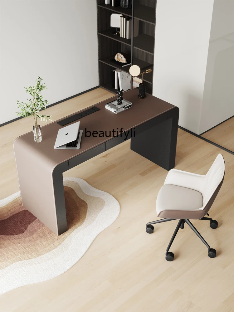 Italian Minimalist Desk Home Study Desk Light Luxury Modern High-Grade Saddle Leather Desk  office Computer furniture