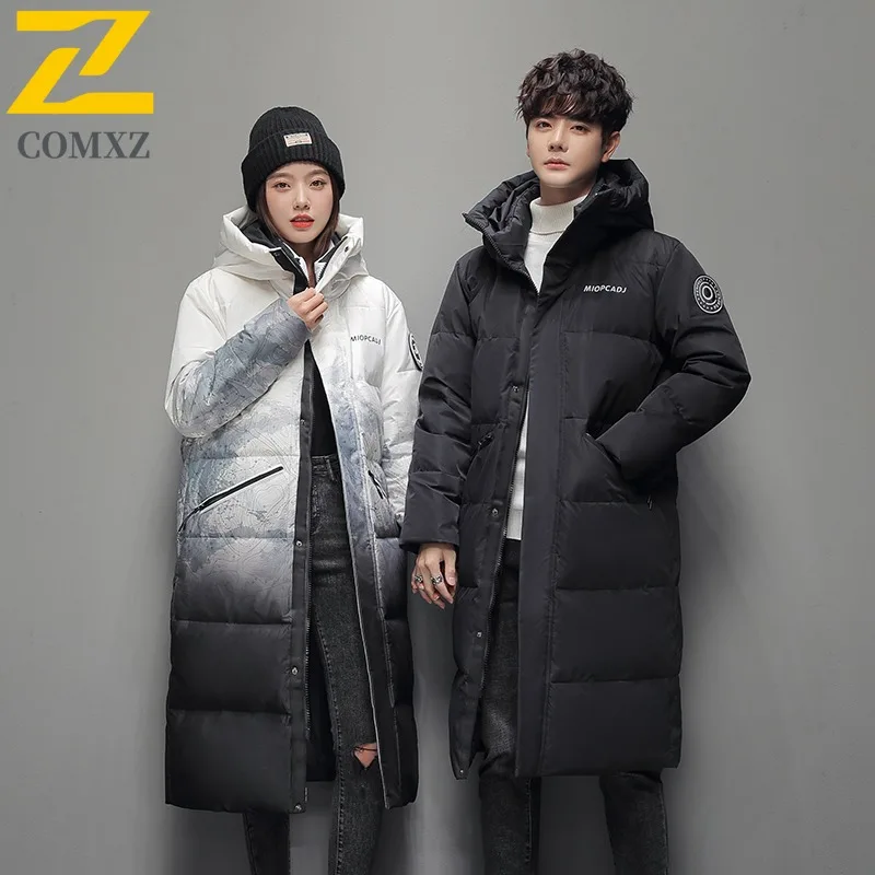 COMXZ Men Winter Jacket Gradient Long Korean Design Snow Travel Cold Resistant Street Bread Jacket Lightweight Puffer Jackets