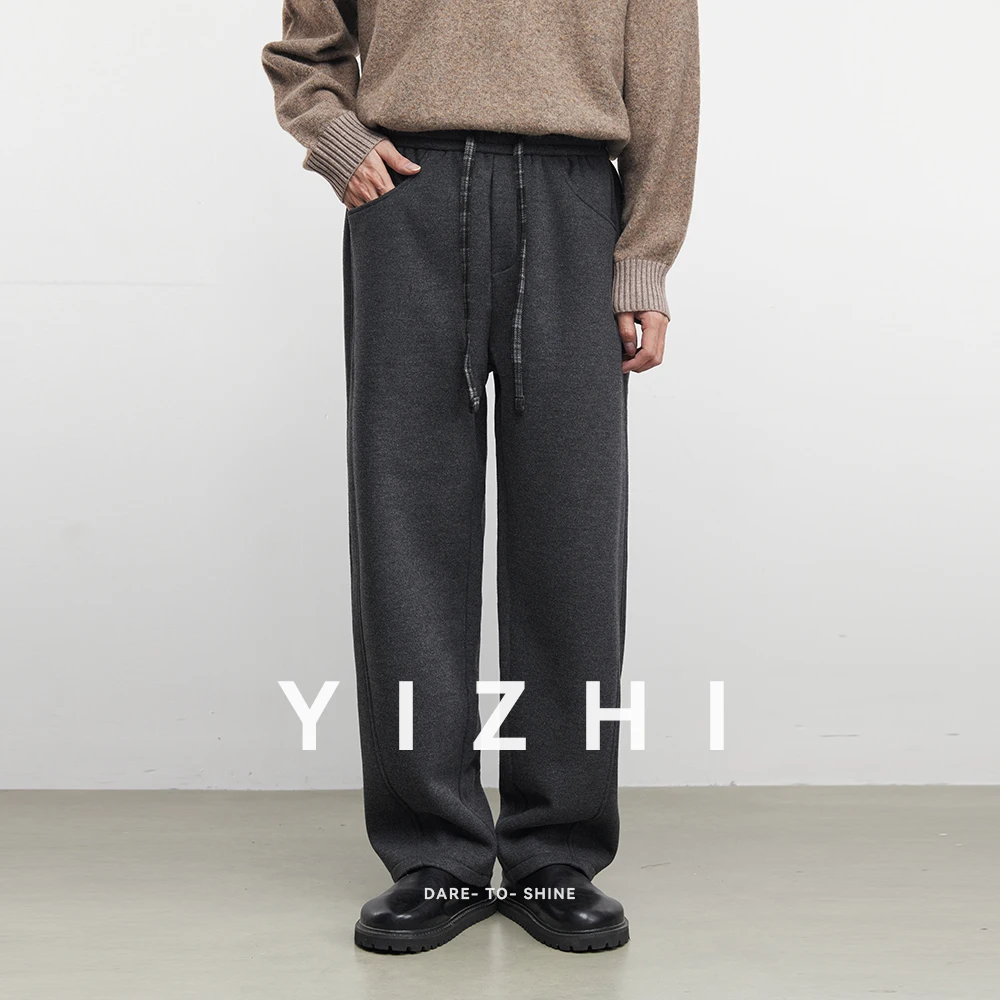 

Fashion Men's Drawstring Straight Leg Casual Pants 2025 Winter New Fleece Lined Loose Fit Solid Color Wide Leg Sports Pants