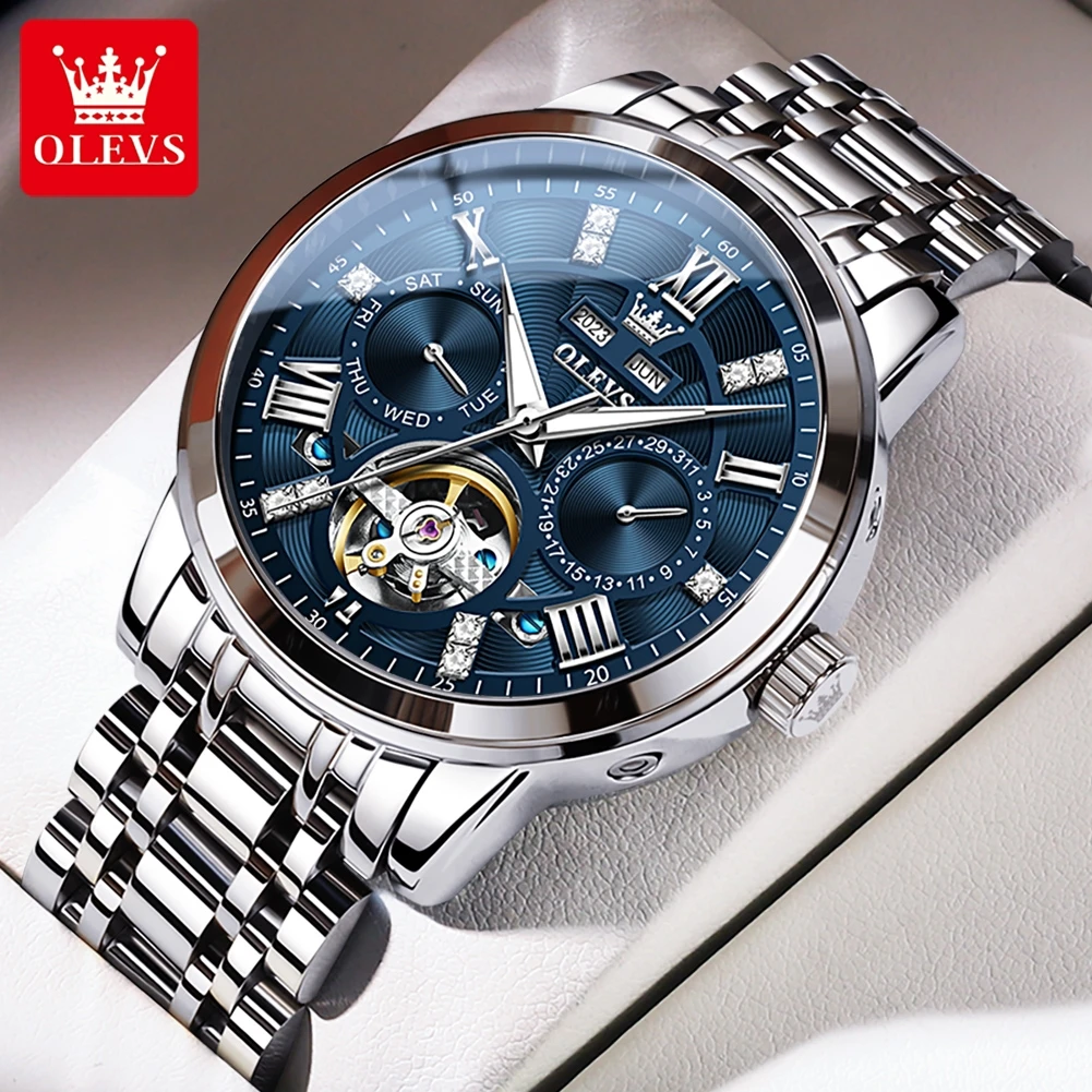 OLEVS 6701 Luxury Skeleton Flywheel Automatic Watch for Men Dual Calendar Wrist Clock Waterproof Luminous Stainless Steel Watch