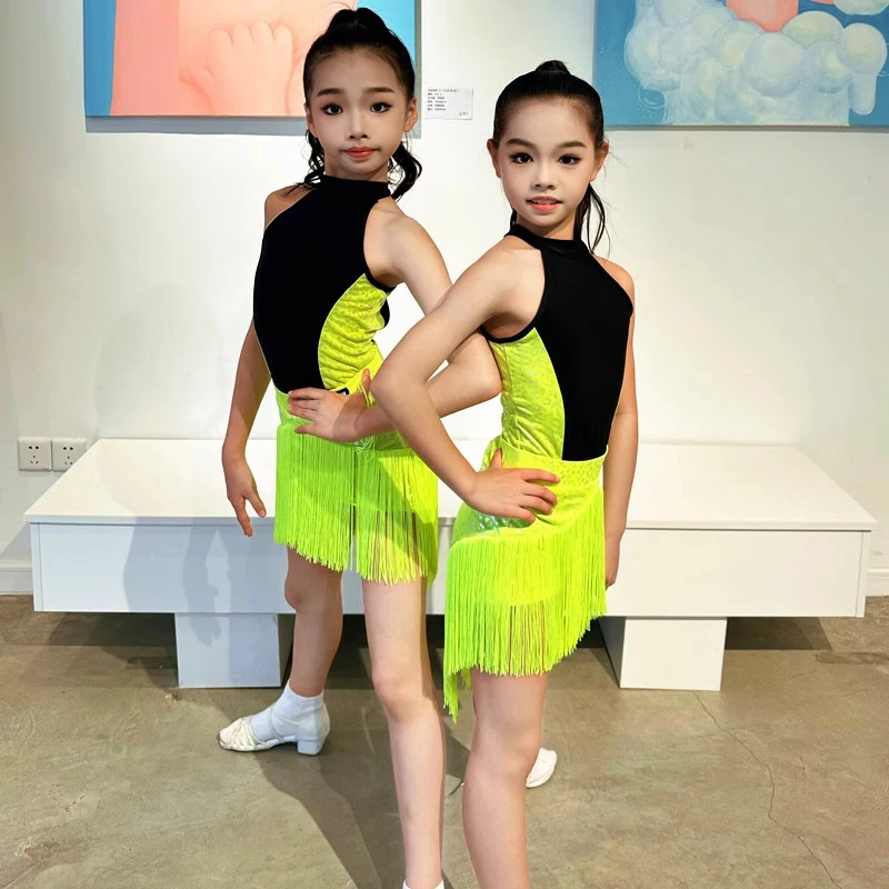 Neues Kinder-Rumba-Cha-Cha-Samba-Latin-Tanzkleid für Mädchen, Gesellschaftstanz, Kleider, Quastenrock, Fransen, lateinamerikanisches Übungskleid