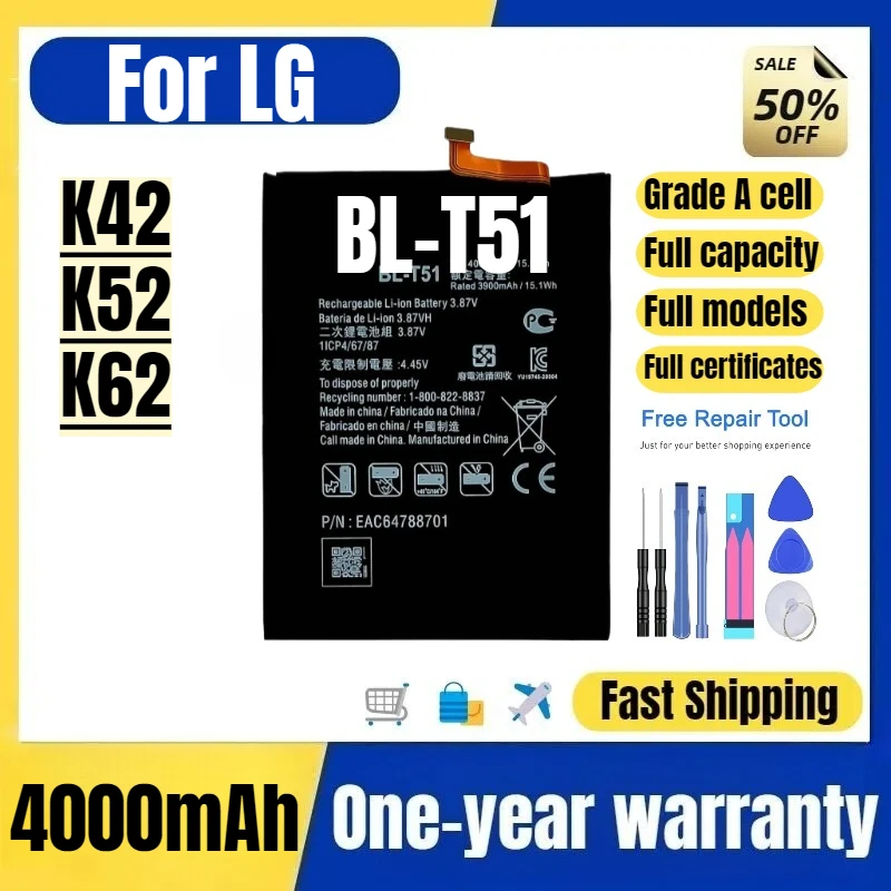 

Аккумулятор BL-T51 для мобильных телефонов LG K42/K52/K62, высококачественная батарея большой емкости, замена аккумулятора, элементы класса A, с инструментами