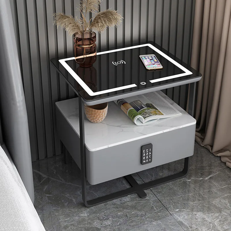 Smart bedside table, simple and modern bedside table, rock slab, wireless charging, password lock, small light luxury