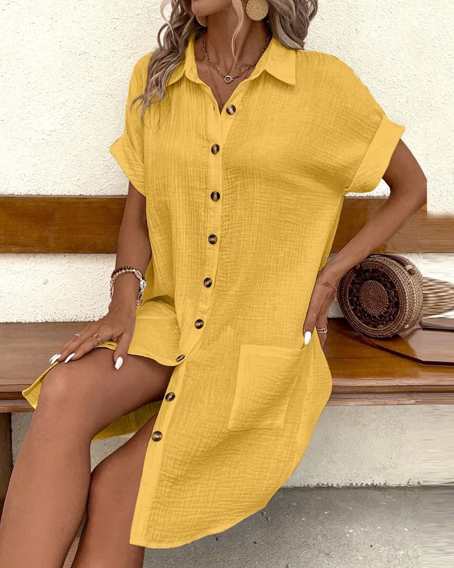 

Dresses Women Shirt Dress Turn Down Collar Single Breasted Short Sleeve Pockets Casual A Line 2025 Summer Office Lady Vestidos