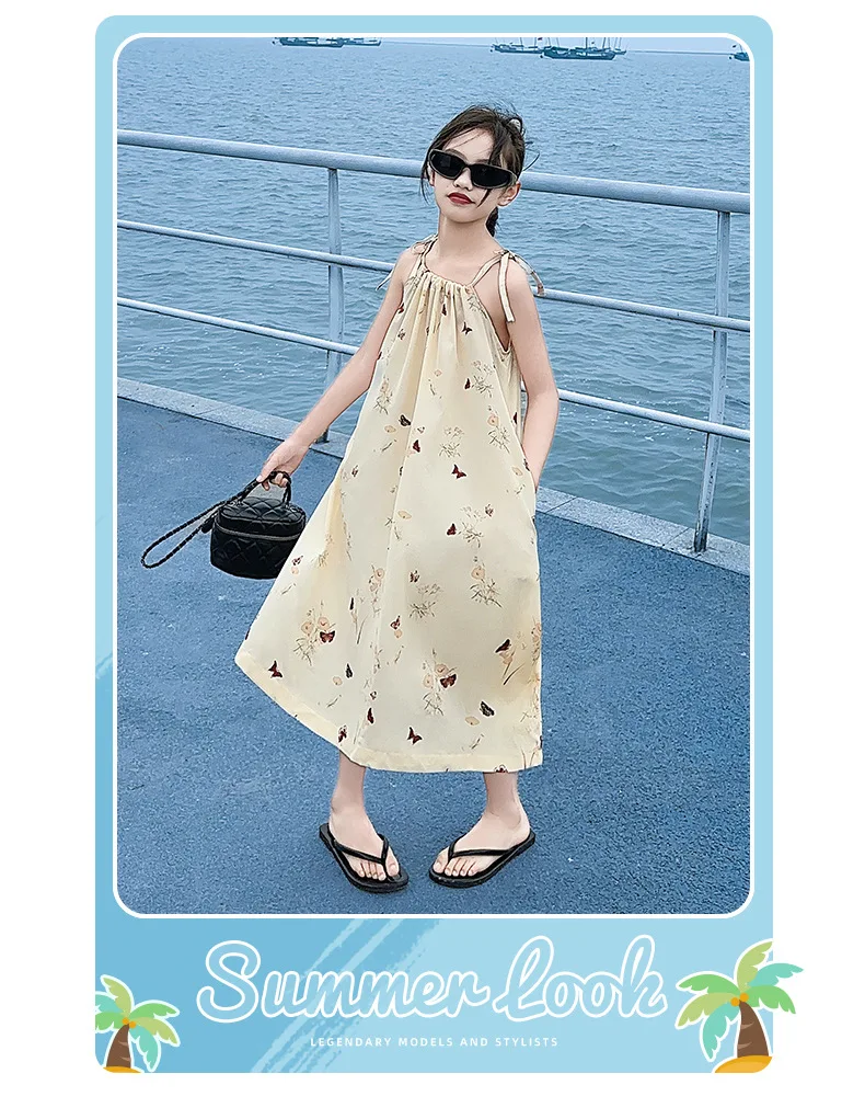 Baby Girl Dress Girls 2024 Summer New Butterfly Slip Dress Big Children Floral Dress A-line Skirt Long Skirt Beach Skirt image 6