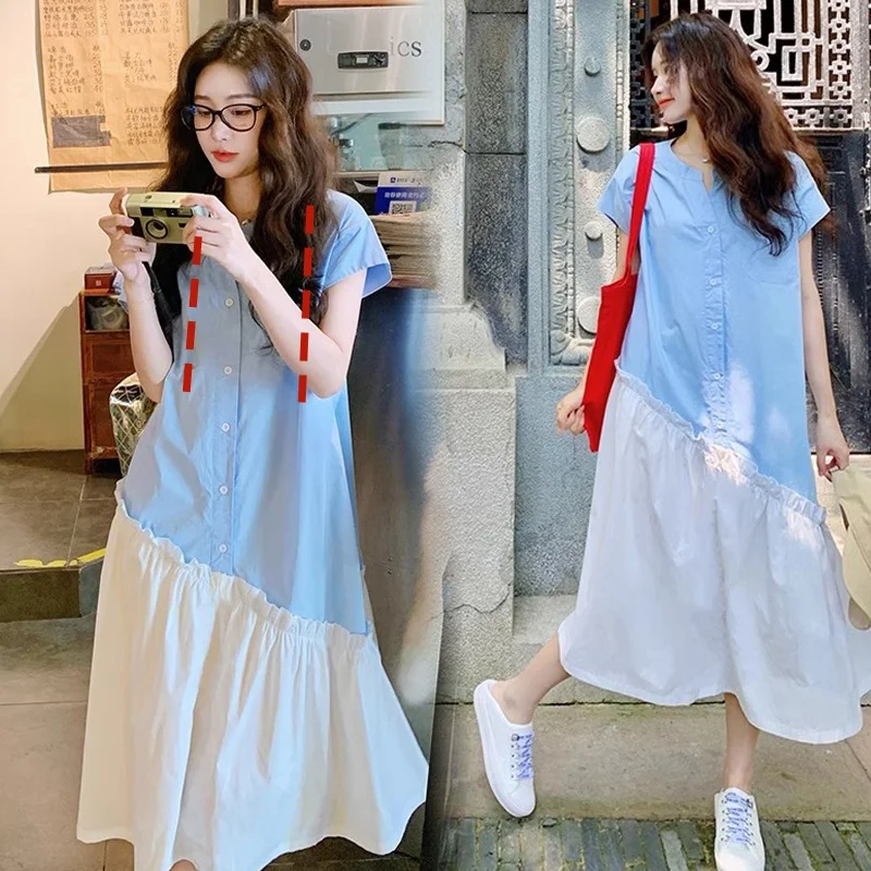 Summer Block Color Patchwork Lactation Shirts Dress Irregular Ruffles Women's Dresses Korean Style Maternity Nursing Dress