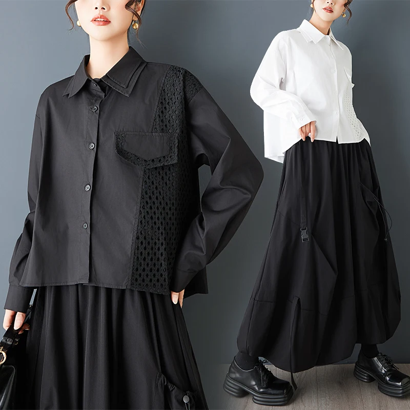 

Casual Faionable Me Patchwork irt Single Button Loose Fit Versatile Top for Women Cotton Polyester Blend Long Sve