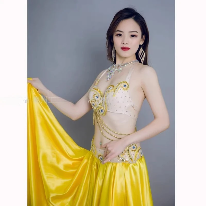 Customized Bellydance Group Costume Sexy Oriental Opening Dance Stage Dress Female Performance Costume Yellow Bra Belt Skirt Set