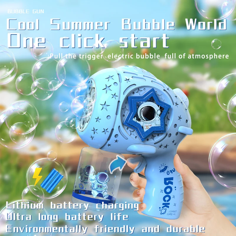 O spray traseiro da metralhadora elétrica de bolhas blizzard gira para produzir bolhas. É um presente de festival para meninos e meninas